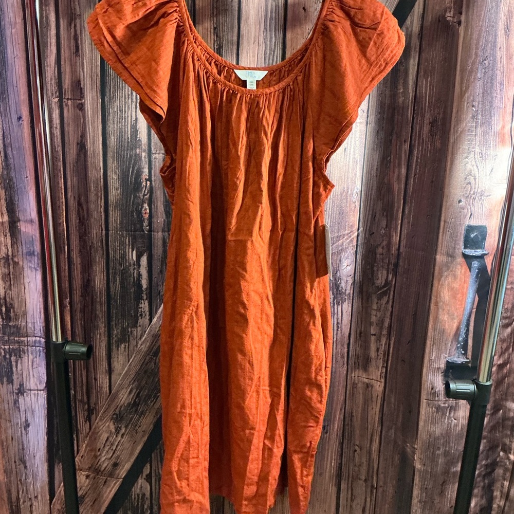 Rust Orange Short-Sleeve Linen Dress